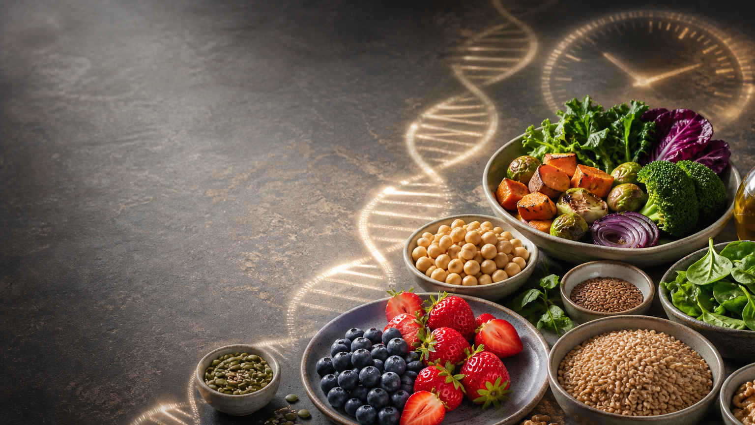 Colorful vegetables, berries, legumes, whole grains, nuts and olive oil arranged around a subtle DNA-helix motif