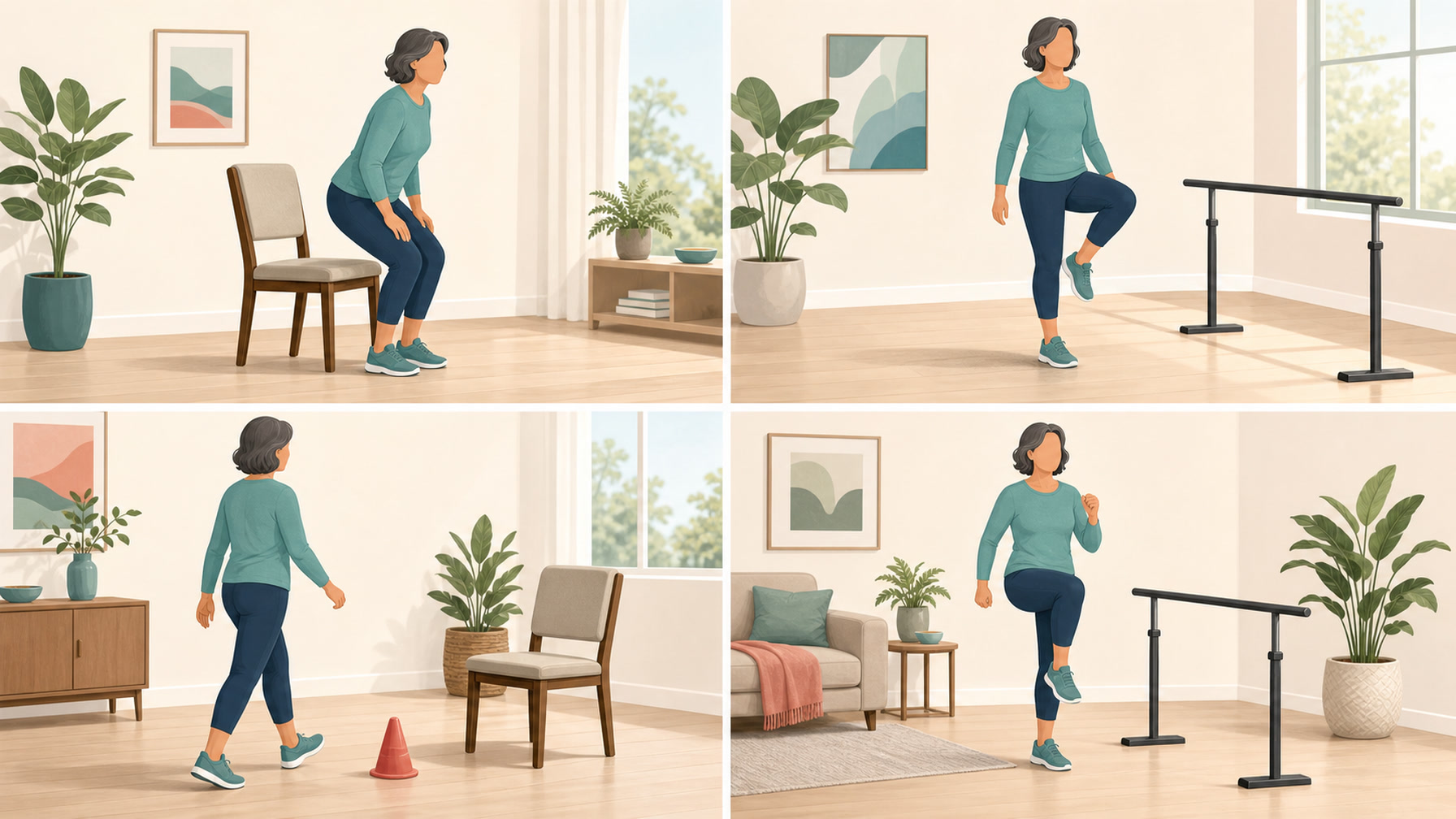 Four-panel illustration of a faceless older adult doing a chair stand, a supported balance pose, a short cone walk and marching in place.