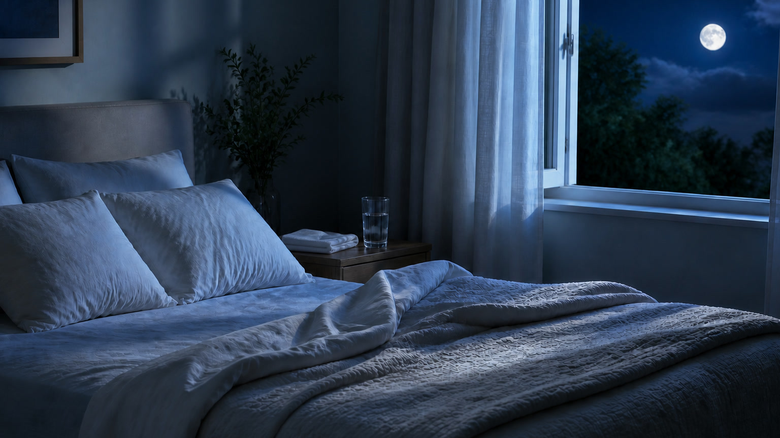 Menopause night sweats: moonlit bedroom with rumpled white bedding, a glass of water and a folded cloth on the nightstand