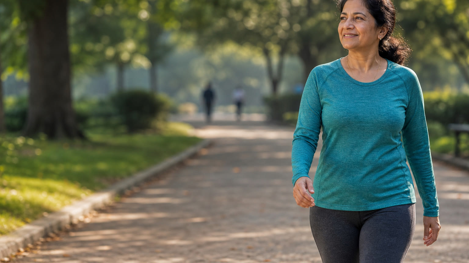 Exercise after 40 for brain health: woman in her late 40s briskly walking on a tree-lined park path