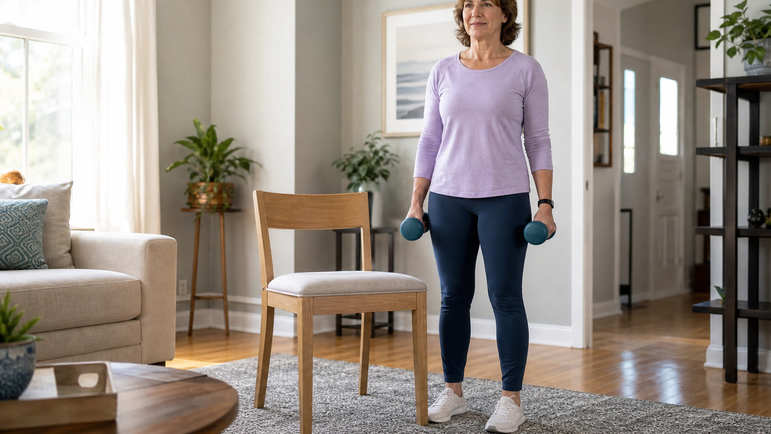 Woman in her 50s standing at home with two light dumbbells beside a chair