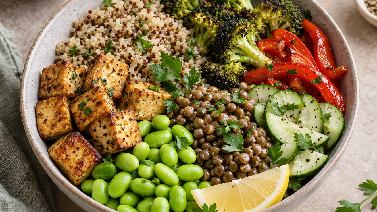 Illustration for a 40g protein vegetarian meal article: bowl with tofu, quinoa, edamame, lentils, broccoli and red pepper
