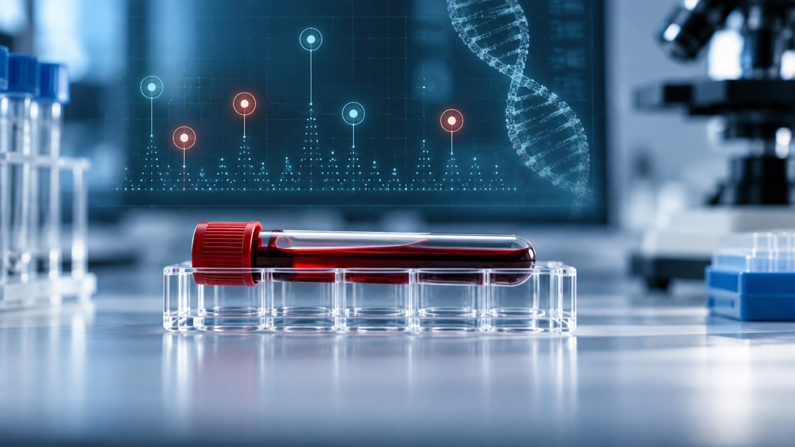 Unbranded blood sample tube in a laboratory with a conceptual DNA and signal-analysis display