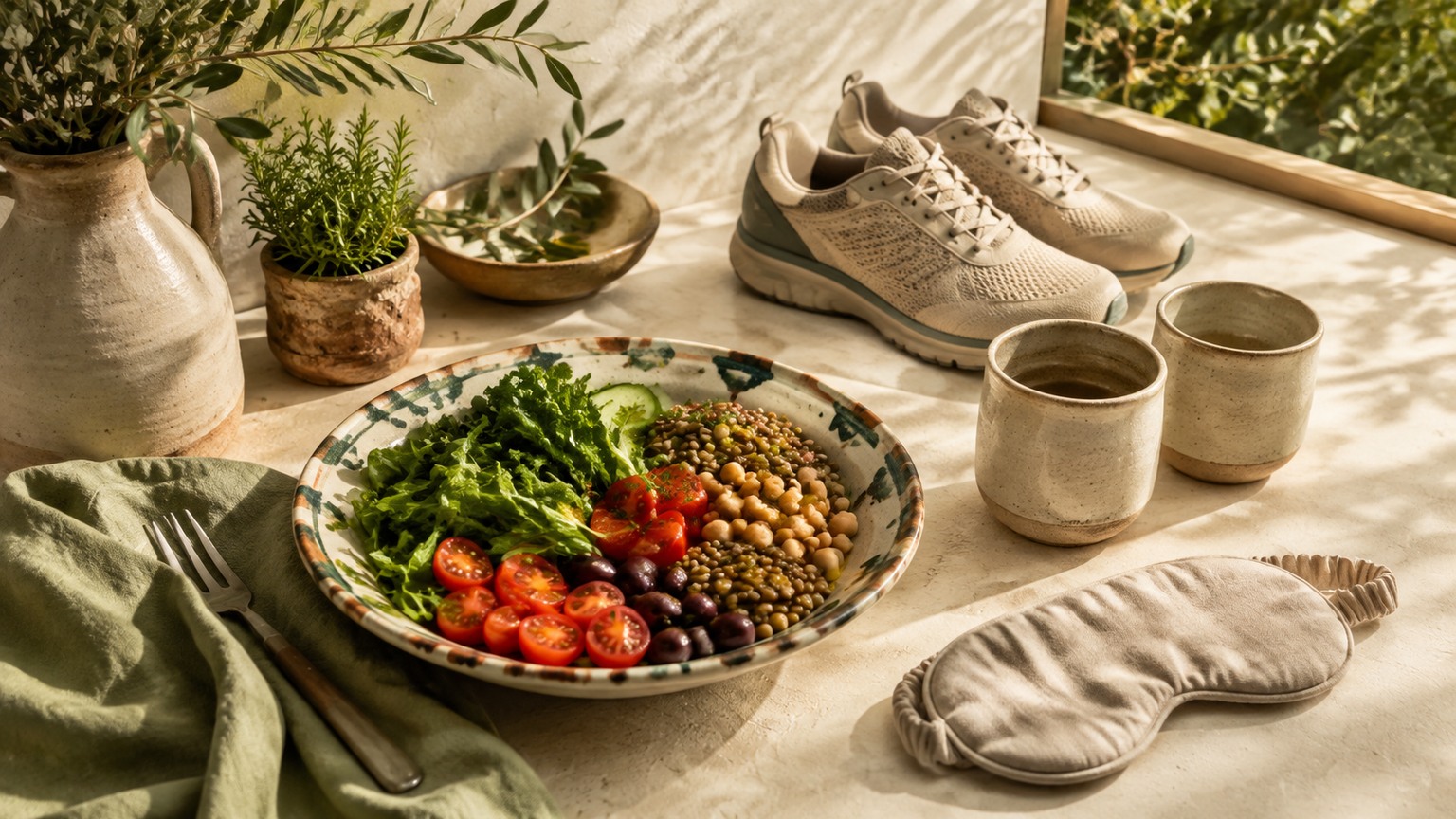 A healthy meal, walking shoes, sleep mask and two cups representing simple healthy-aging habits