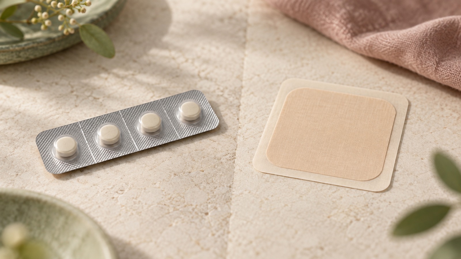 Unbranded pill blister and plain transdermal patch arranged on opposite sides of a neutral surface