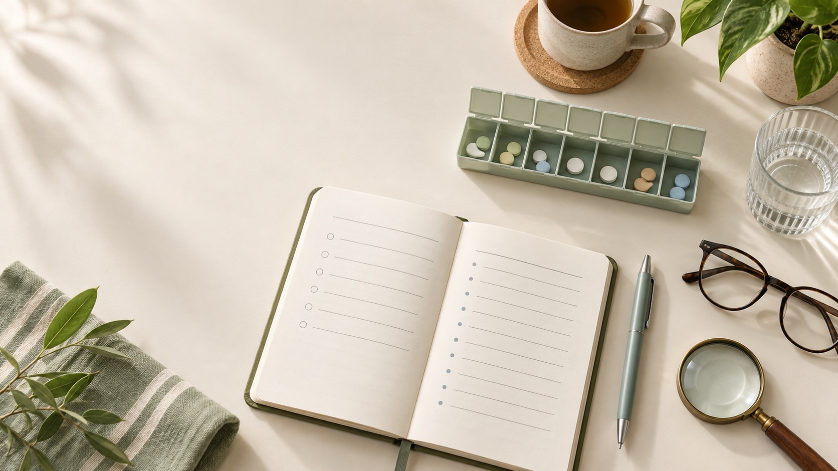 Medication review after 65 checklist with open notebook, pill organizer, pen, reading glasses and magnifying glass