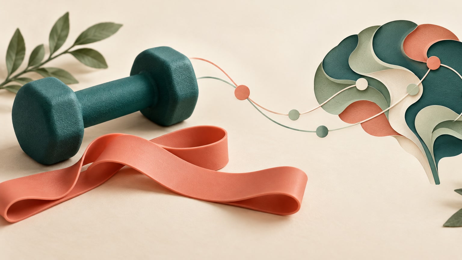 Muscle loss and dementia risk illustration with a dumbbell, resistance band and abstract brain motif