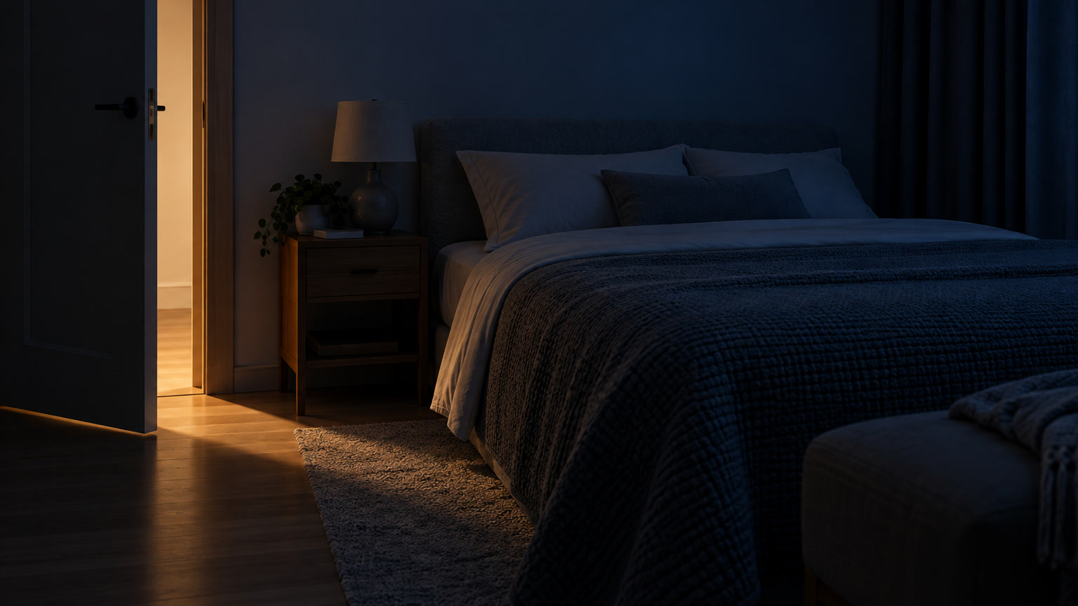 Nighttime light entering a dim bedroom from a warm hallway through a partly open door