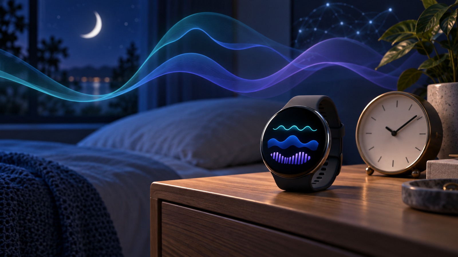 Sleep stages after 40 illustration with a smartwatch, moon, and REM and deep-sleep wave patterns